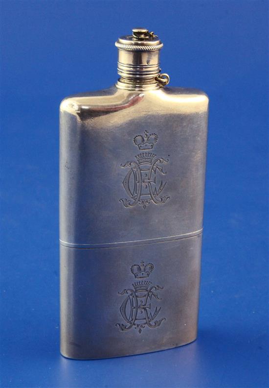 An early 19th century Russian 84 zolotnik silver hip flask, 5 oz.